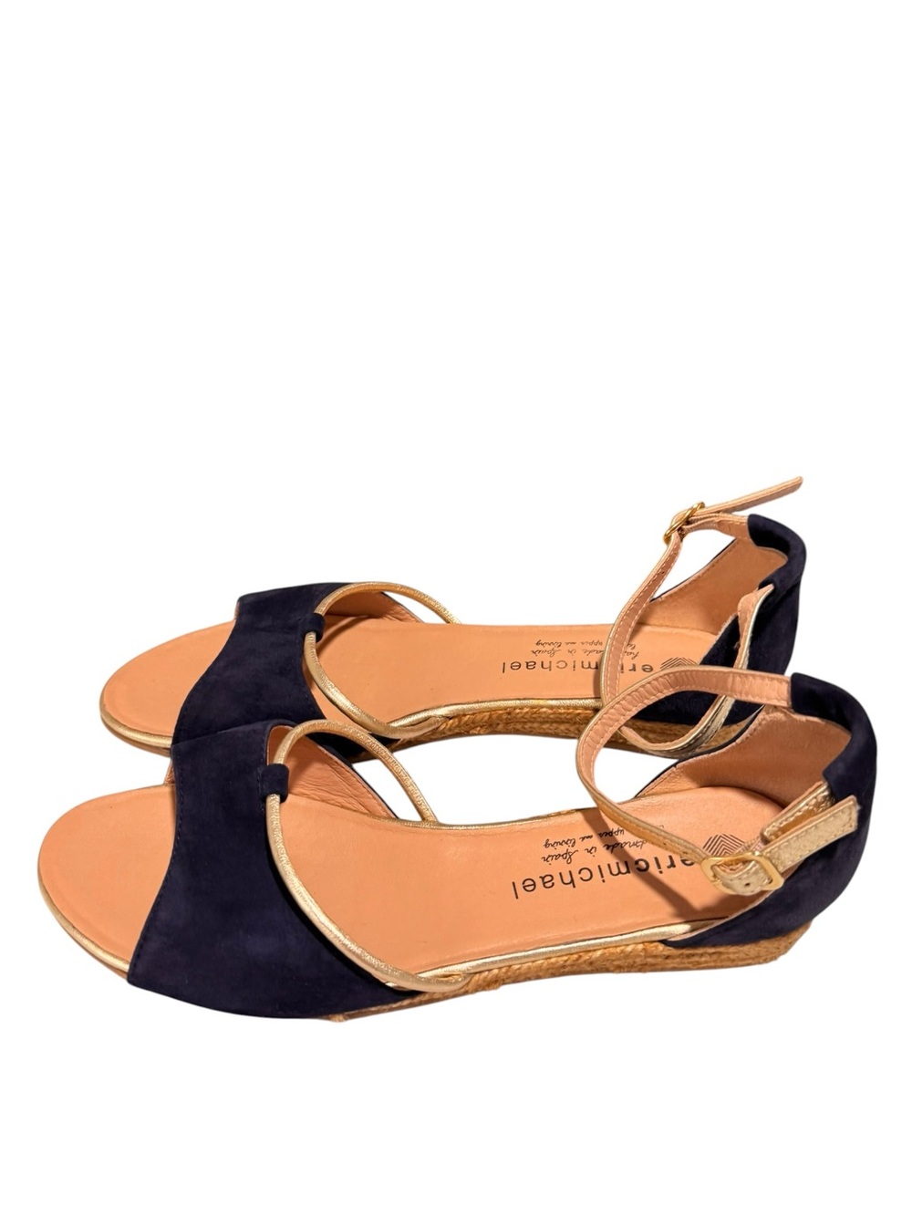 Eric Michael Navy Suede & Gold Espadrille Wedge Sandals Size 9.5 (40) Like New - Picture 5 of 11